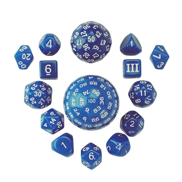 Weird Dice for TTRPG games blue with white numbers
