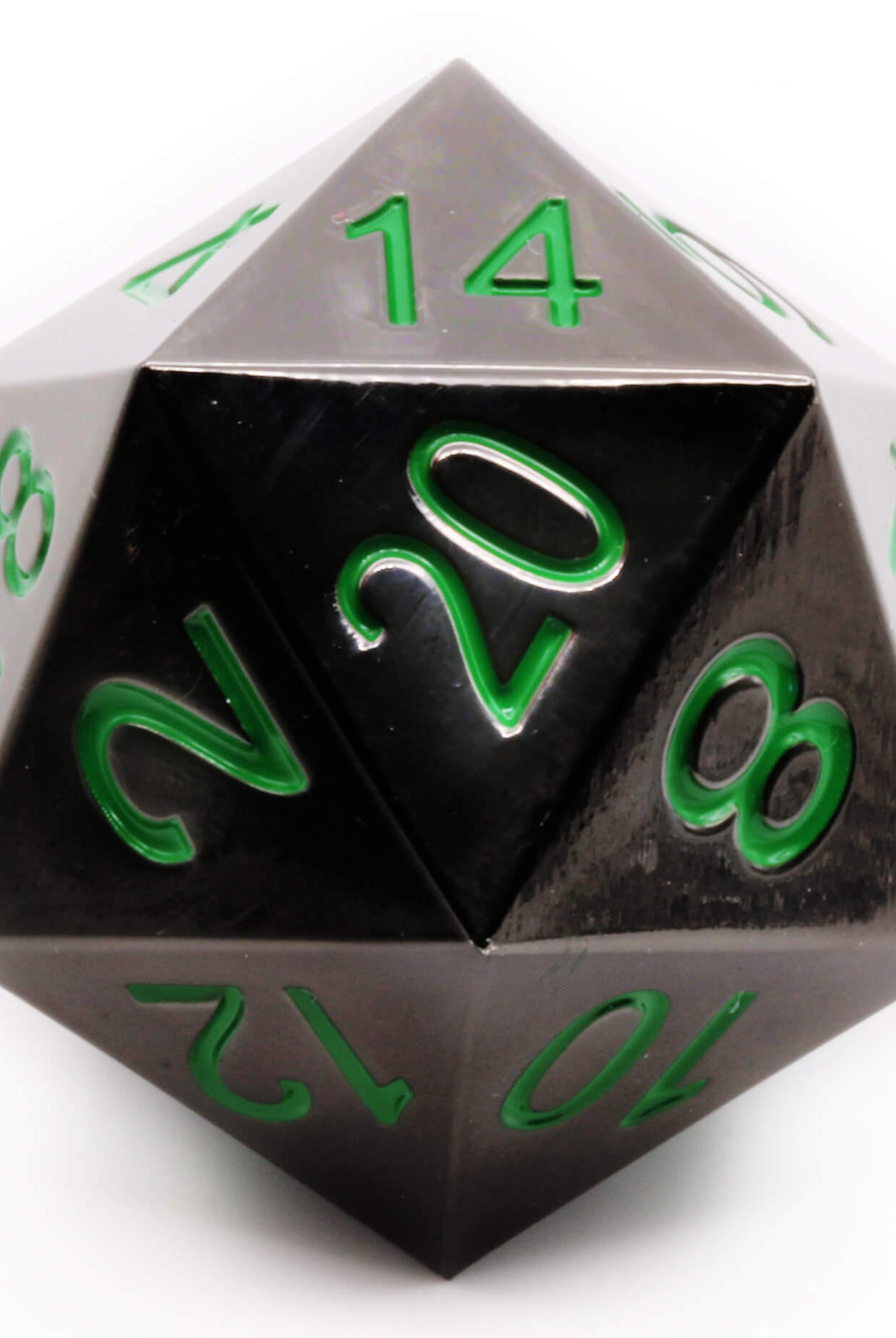 Black D20 with Green Numbers Metal D20 Dice at Dark Elf Dice