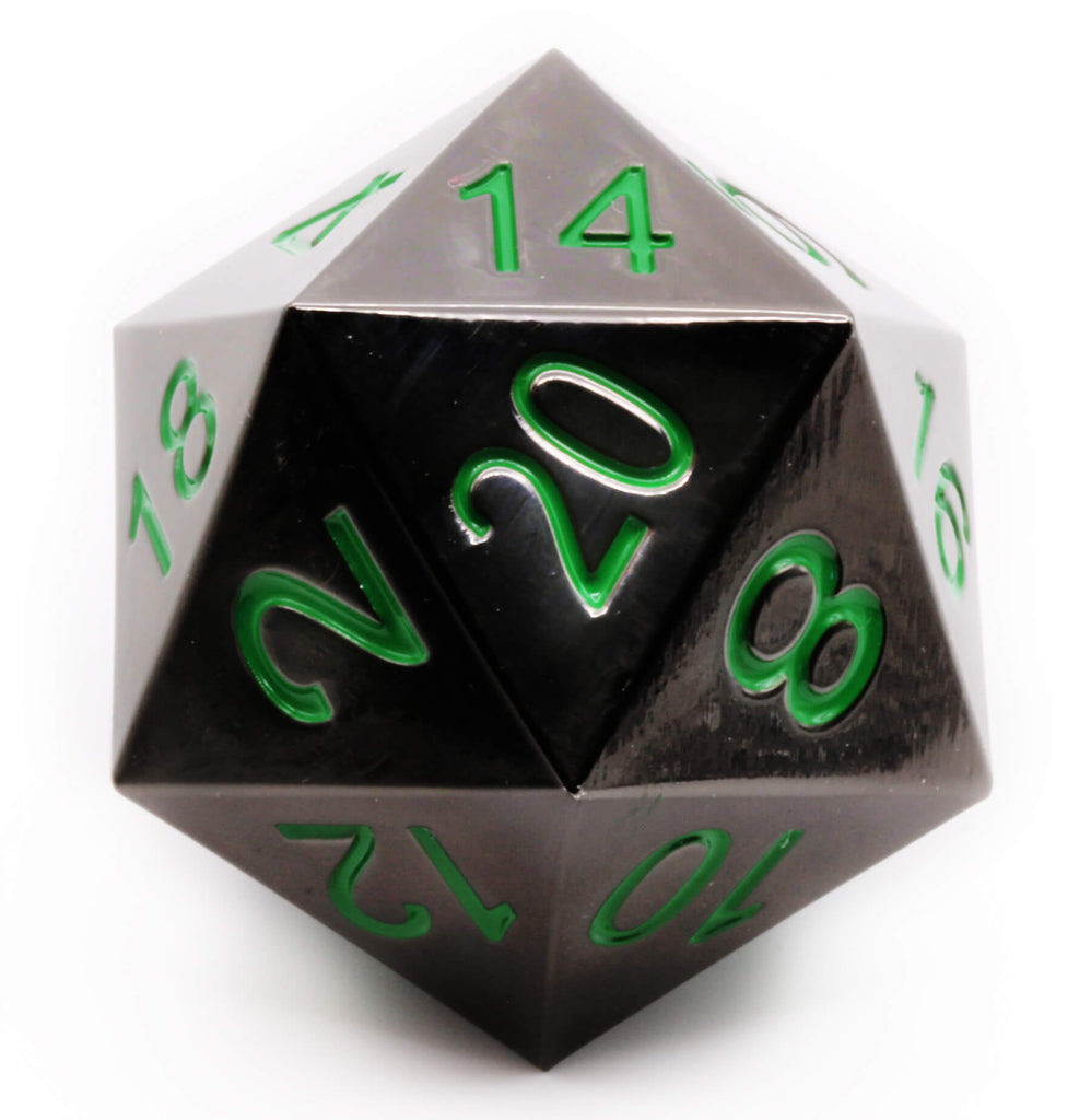 Black D20 with Green Numbers Metal D20 Dice at Dark Elf Dice