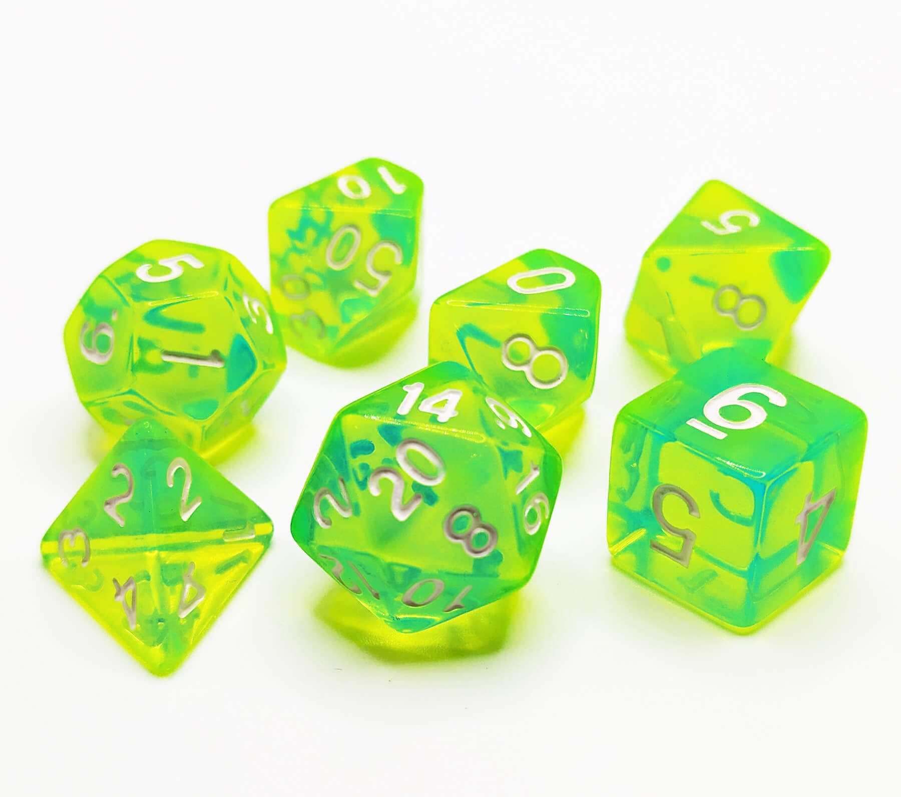 Alien Green Black Light Reactive game dice set for tabletop roleplaying