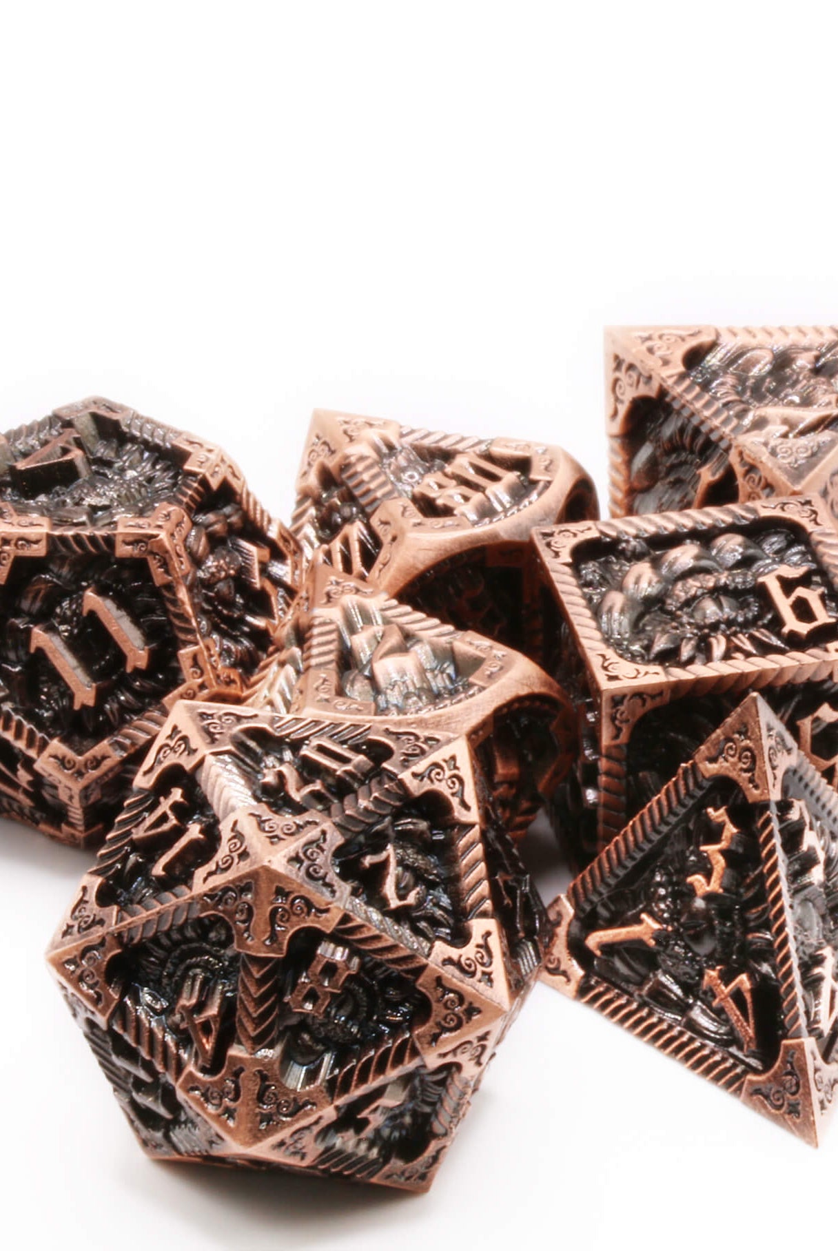 Epic Dragon metal dice set in antique copper for ttrpg games
