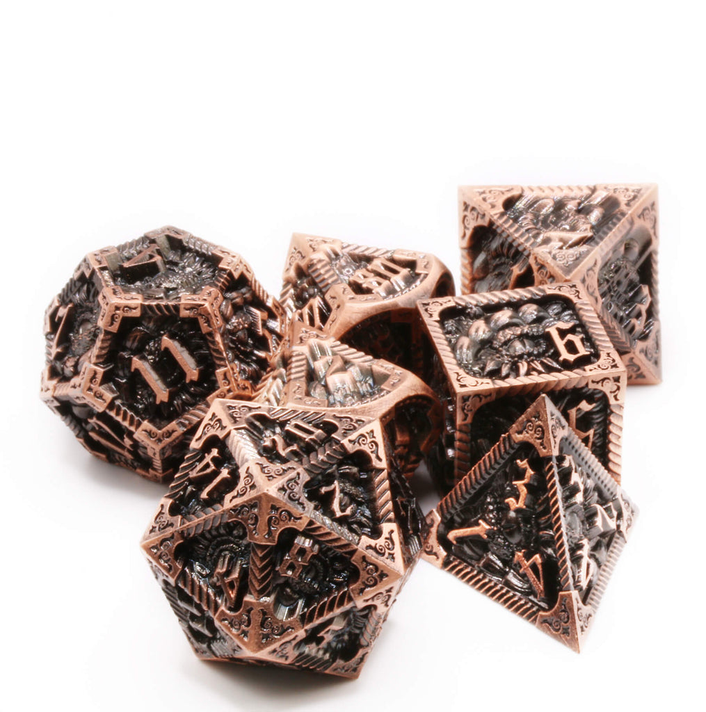 Epic Dragon metal dice set in antique copper for ttrpg games