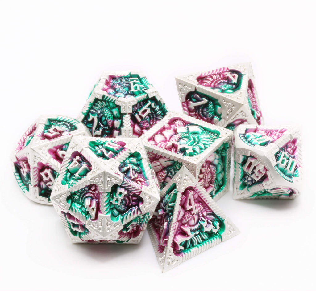Metal Epic dragon dice set in silver, purple, and green