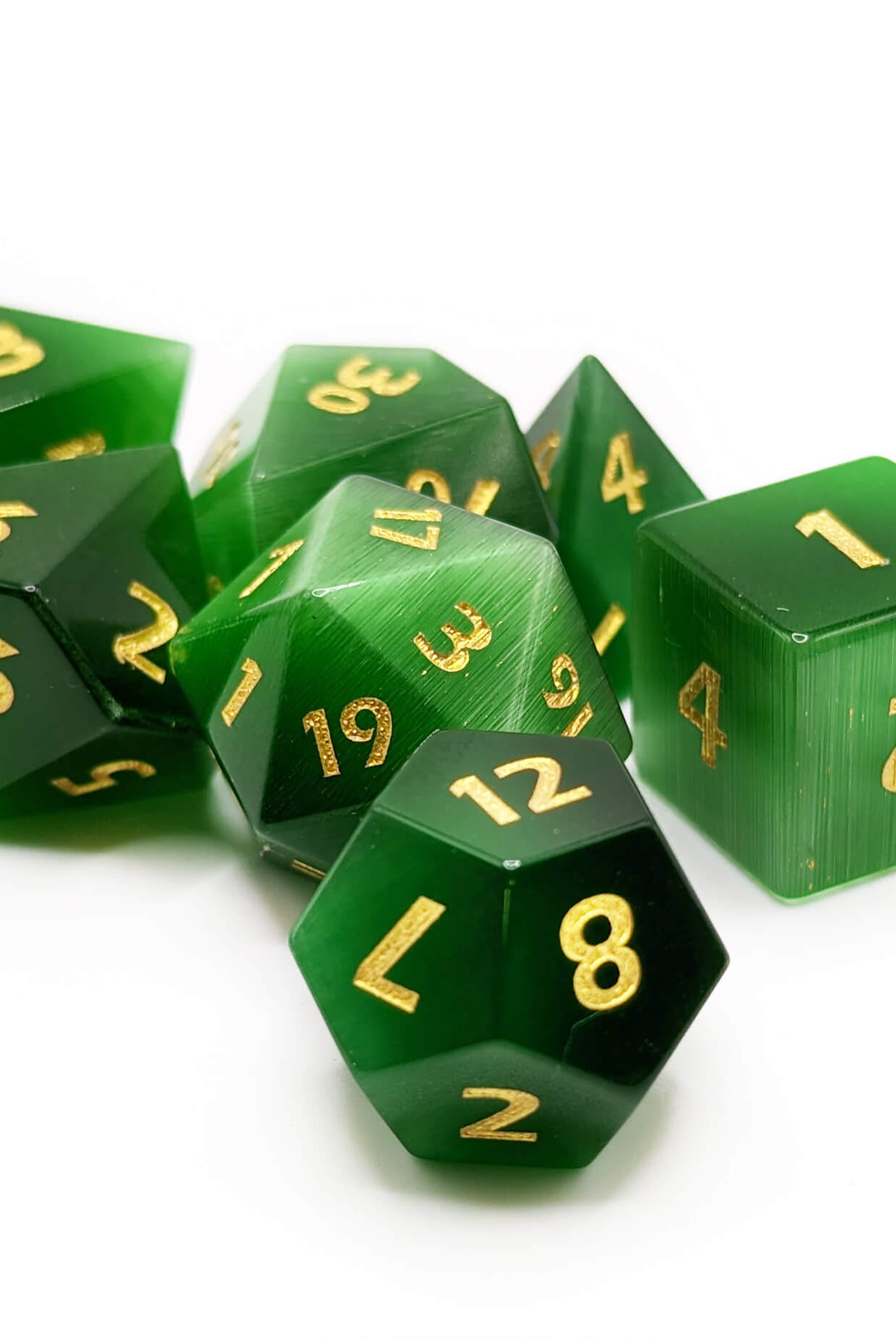 Green Cat's Eye dice set for ttrpg games