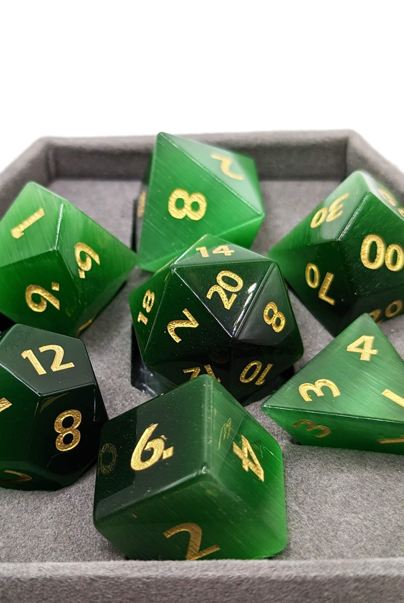 Green Cats Eye Gemstone dice for dnd games