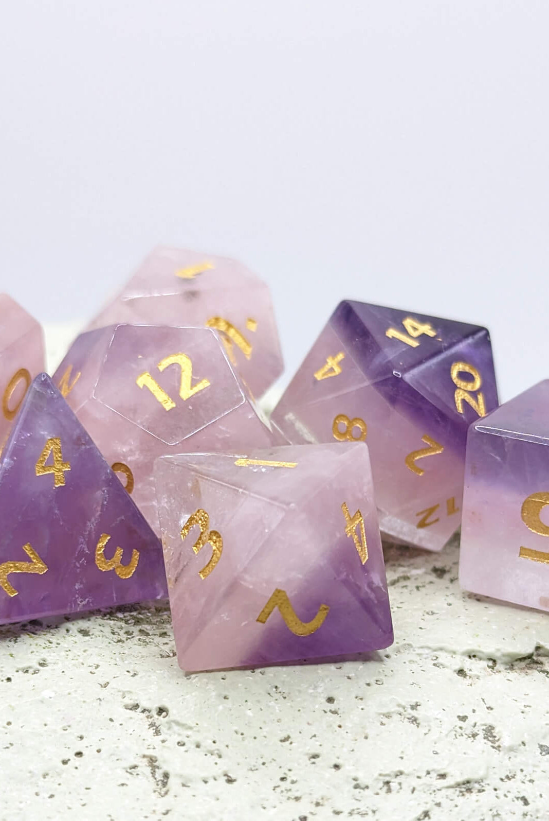 Purple layered crystal dice set for ttrpg games