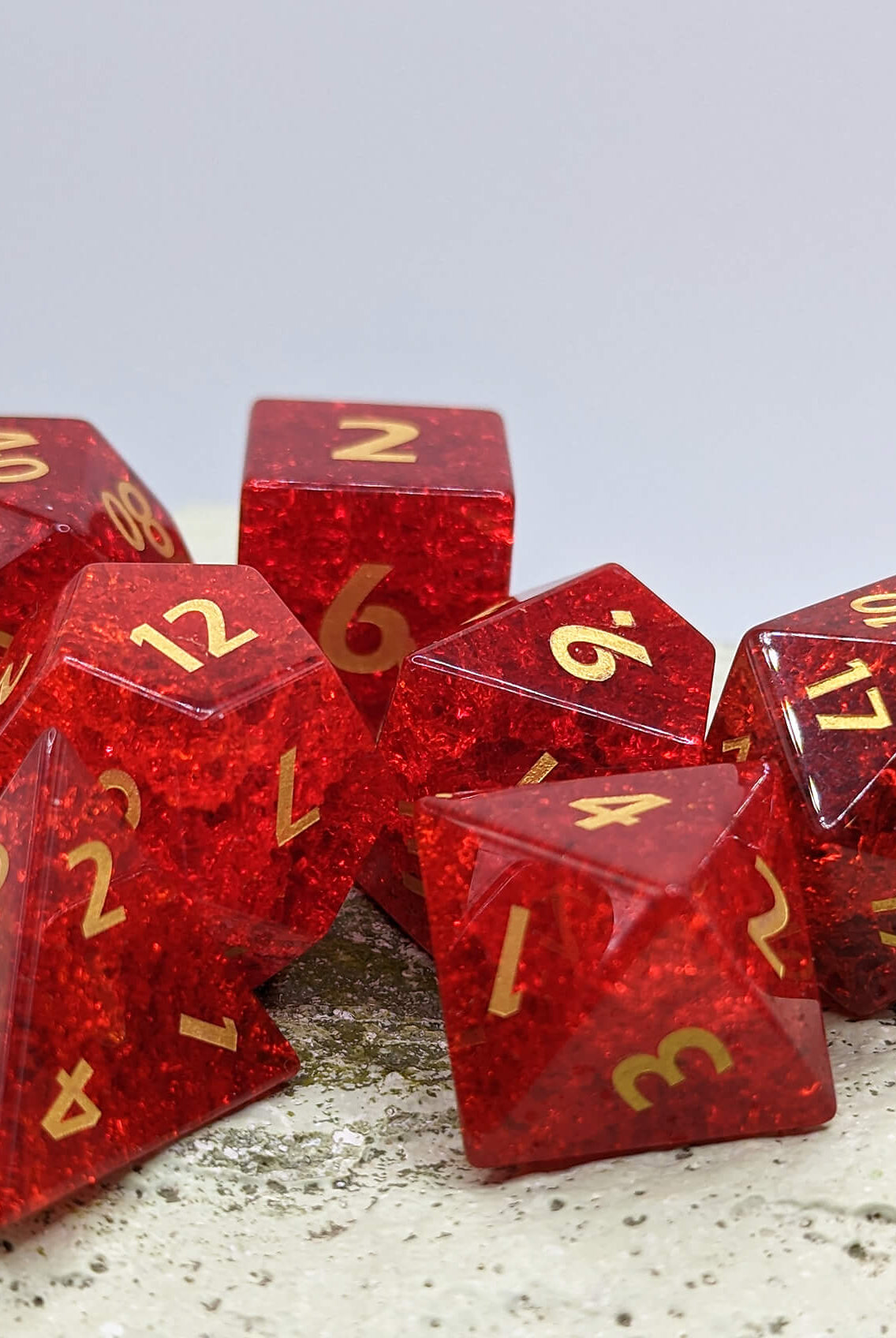 TTRPG shattered red glass dice