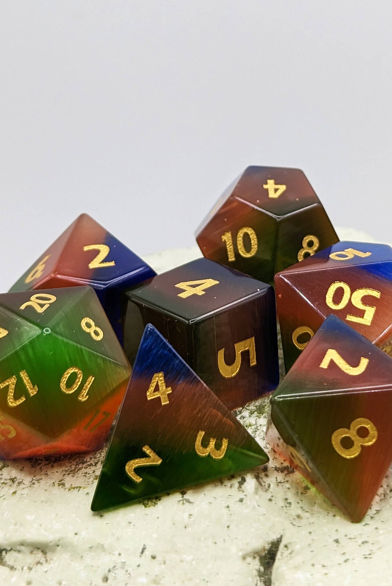 Rainbow glass dice for tabletop roleplaying games