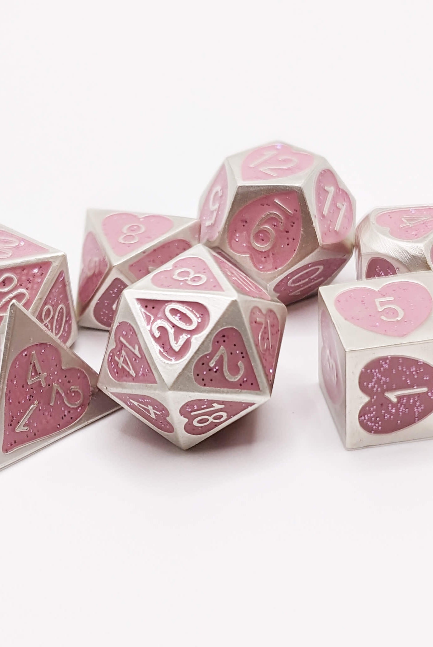 Pink Heart Dice Metal Set for DnD fantasy games