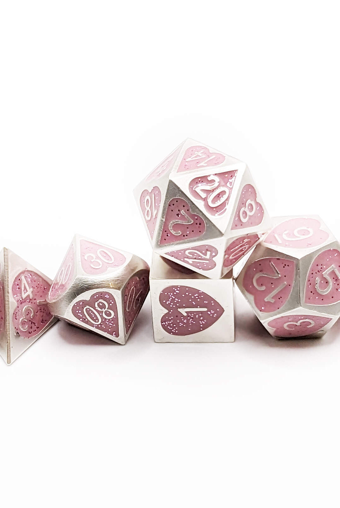 Polyhedral metal heart dice set pink