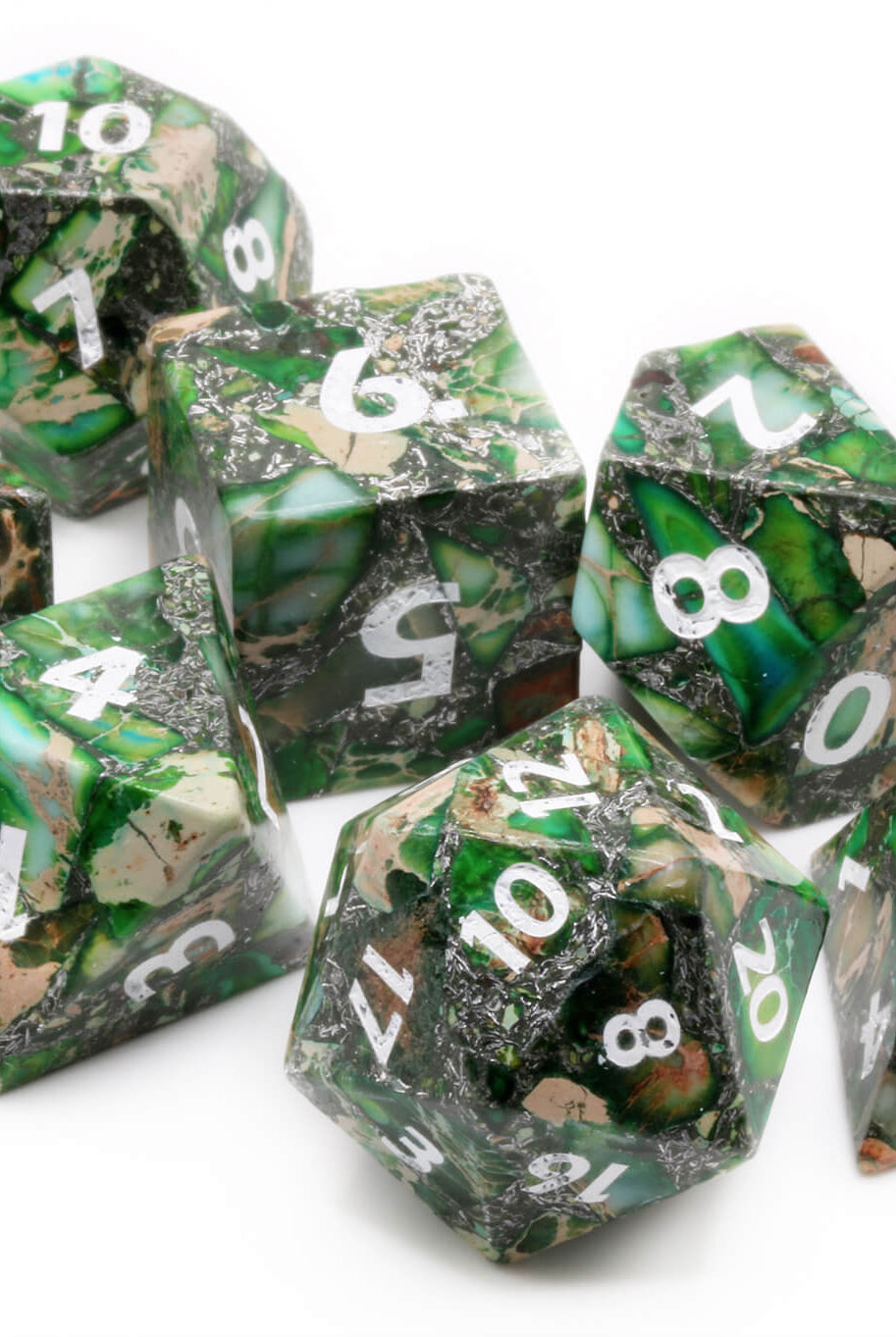 Imperial jasper green stone dice at Dark Elf Dice
