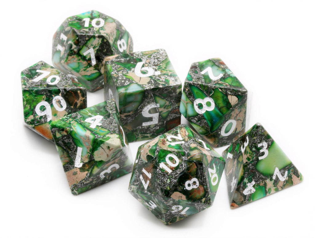 Imperial jasper green stone dice at Dark Elf Dice