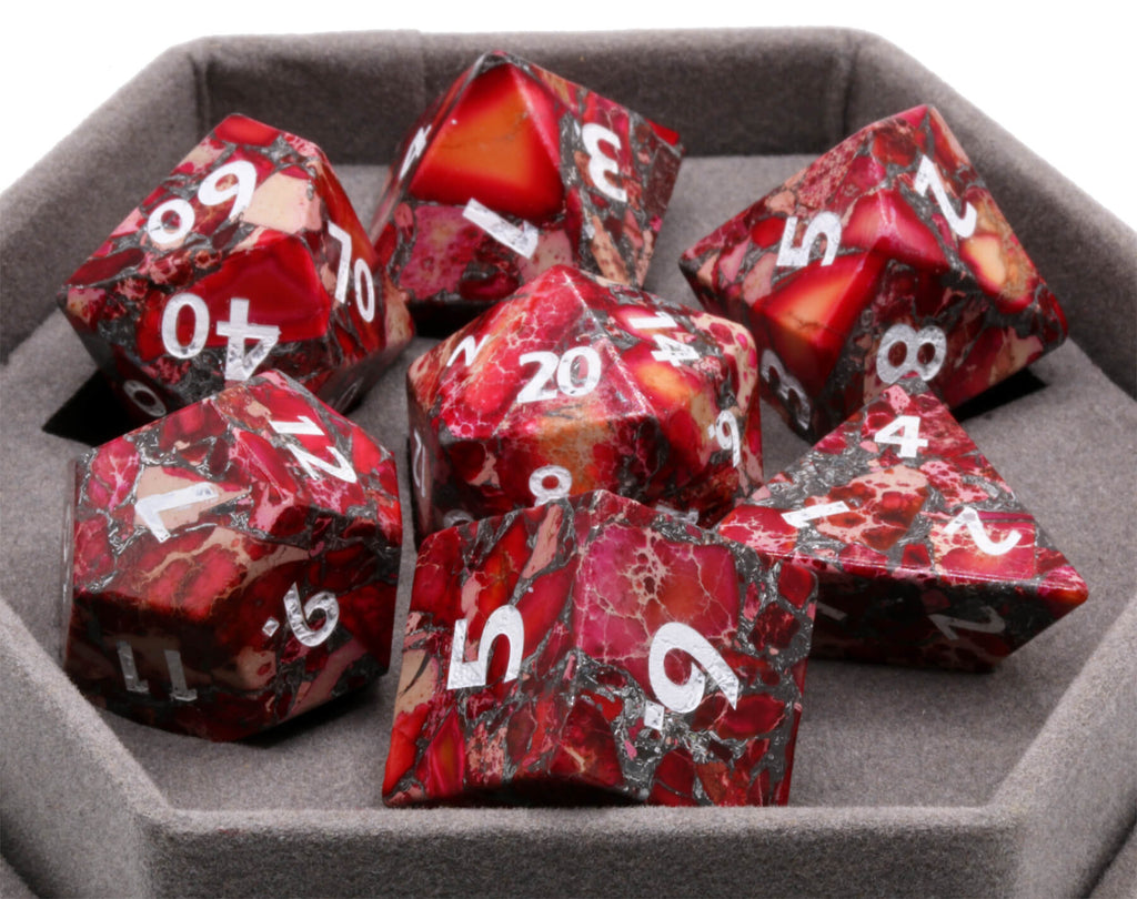 Imperial red jasper dice on sale at Dark Elf Dice