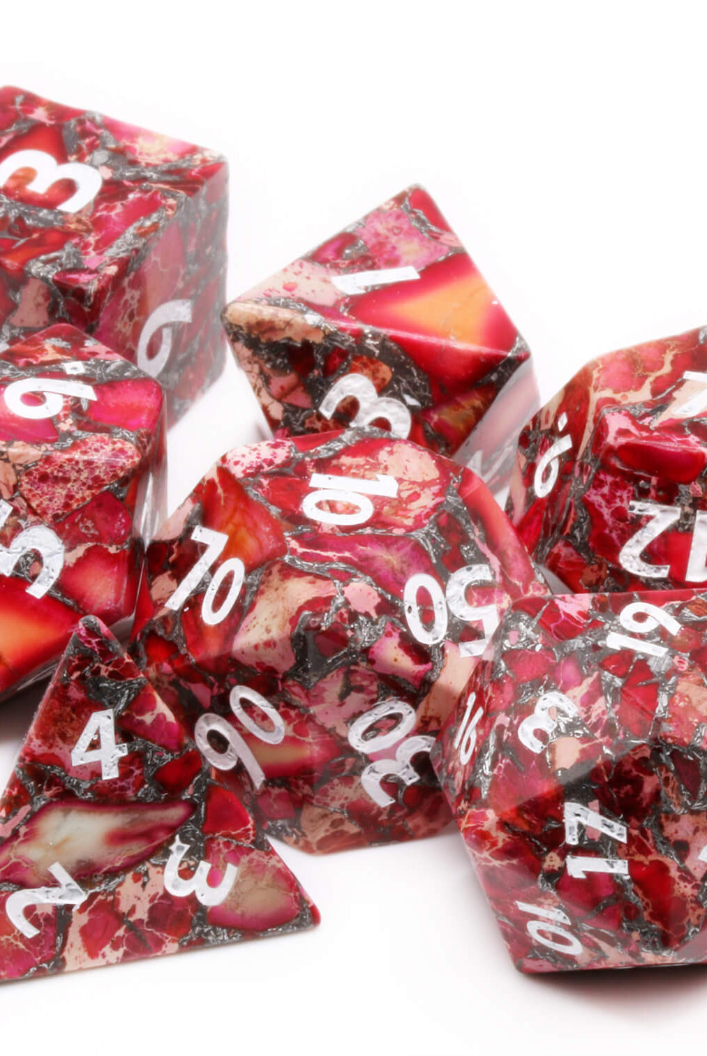 Beautiful red gemstone jasper dice for ttrpg games