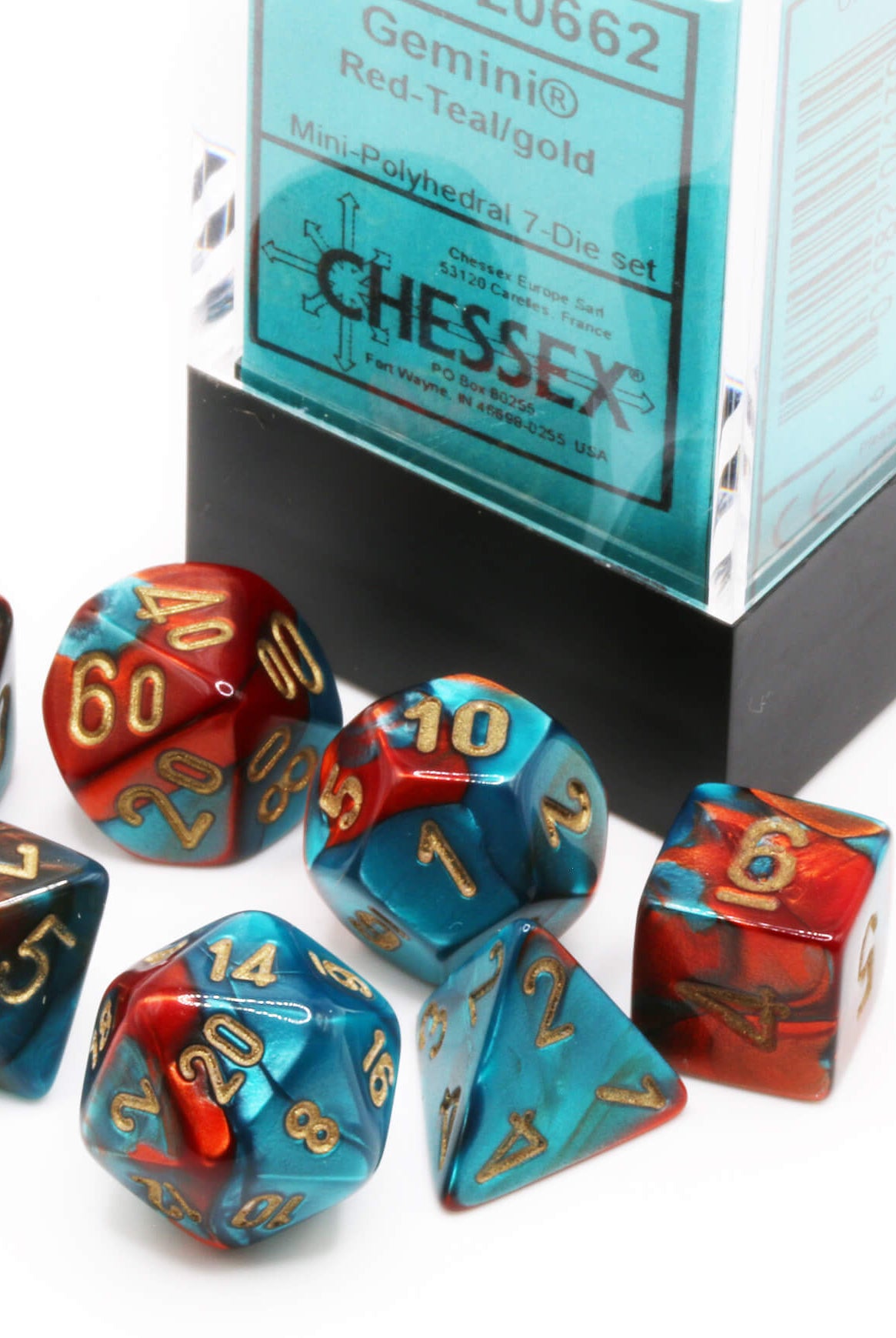 Chessex Mini Dice Gemini Teal and Red at Dark Elf Dice