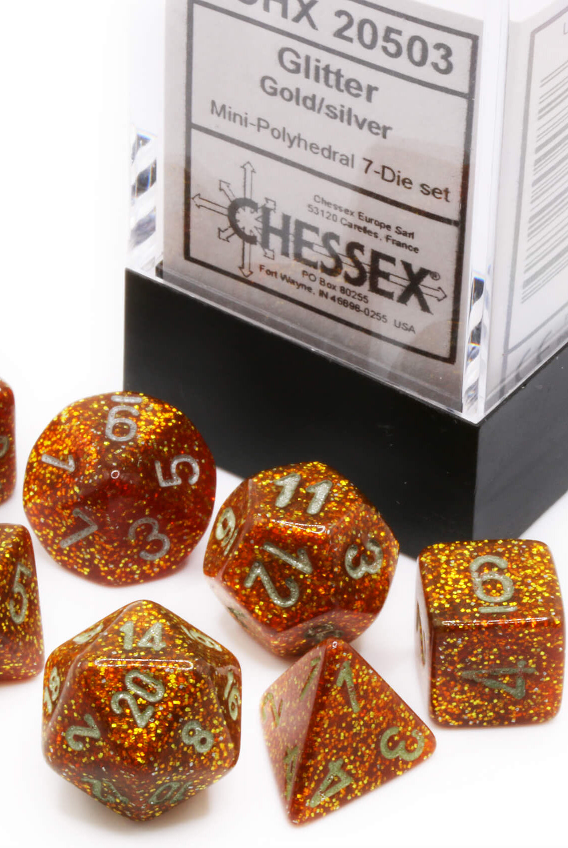 Glitter Gold Mini Dice set at Dark Elf Dice