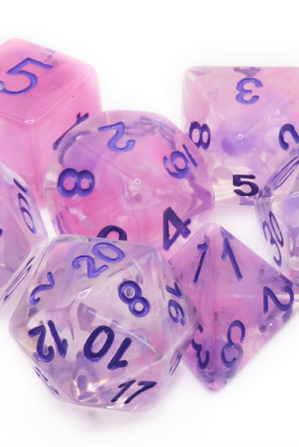 Pink and purple Mysteria Dice for TTRPG games