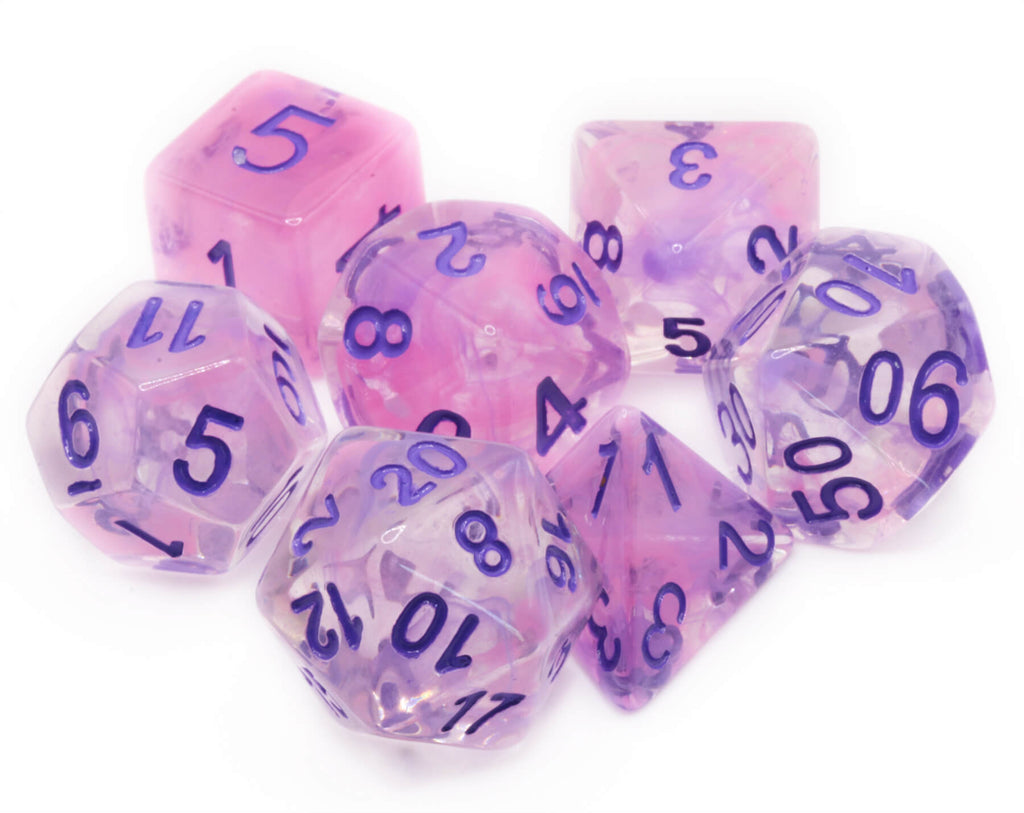 Pink and purple Mysteria Dice for TTRPG games