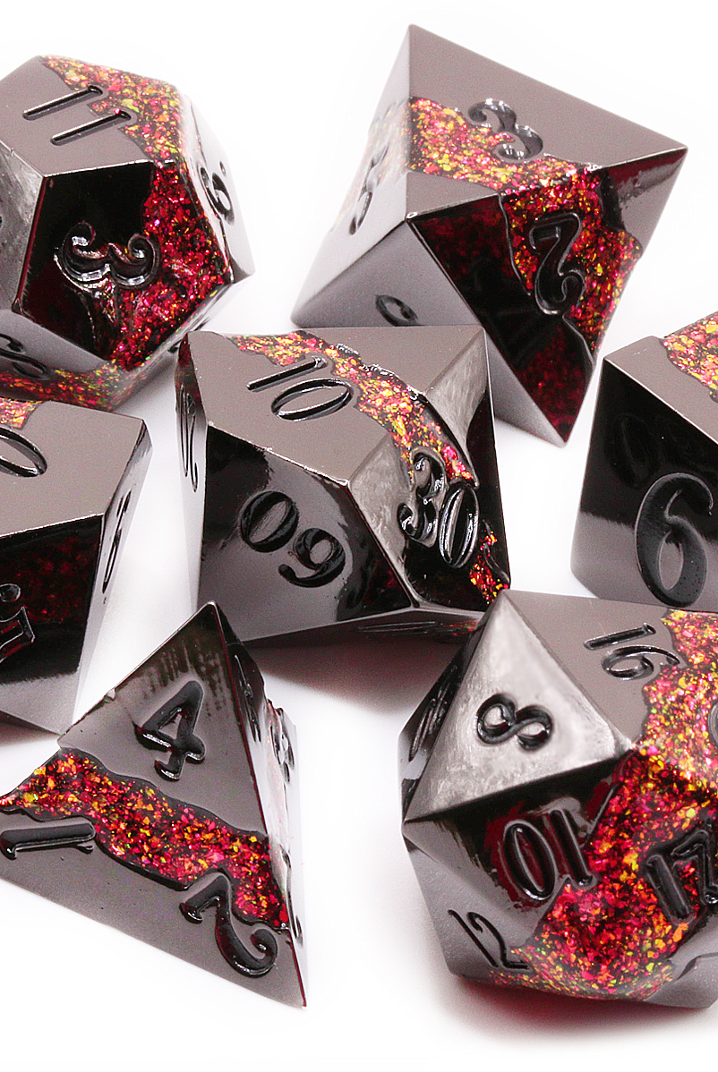 Crucible dice set metal with black and red