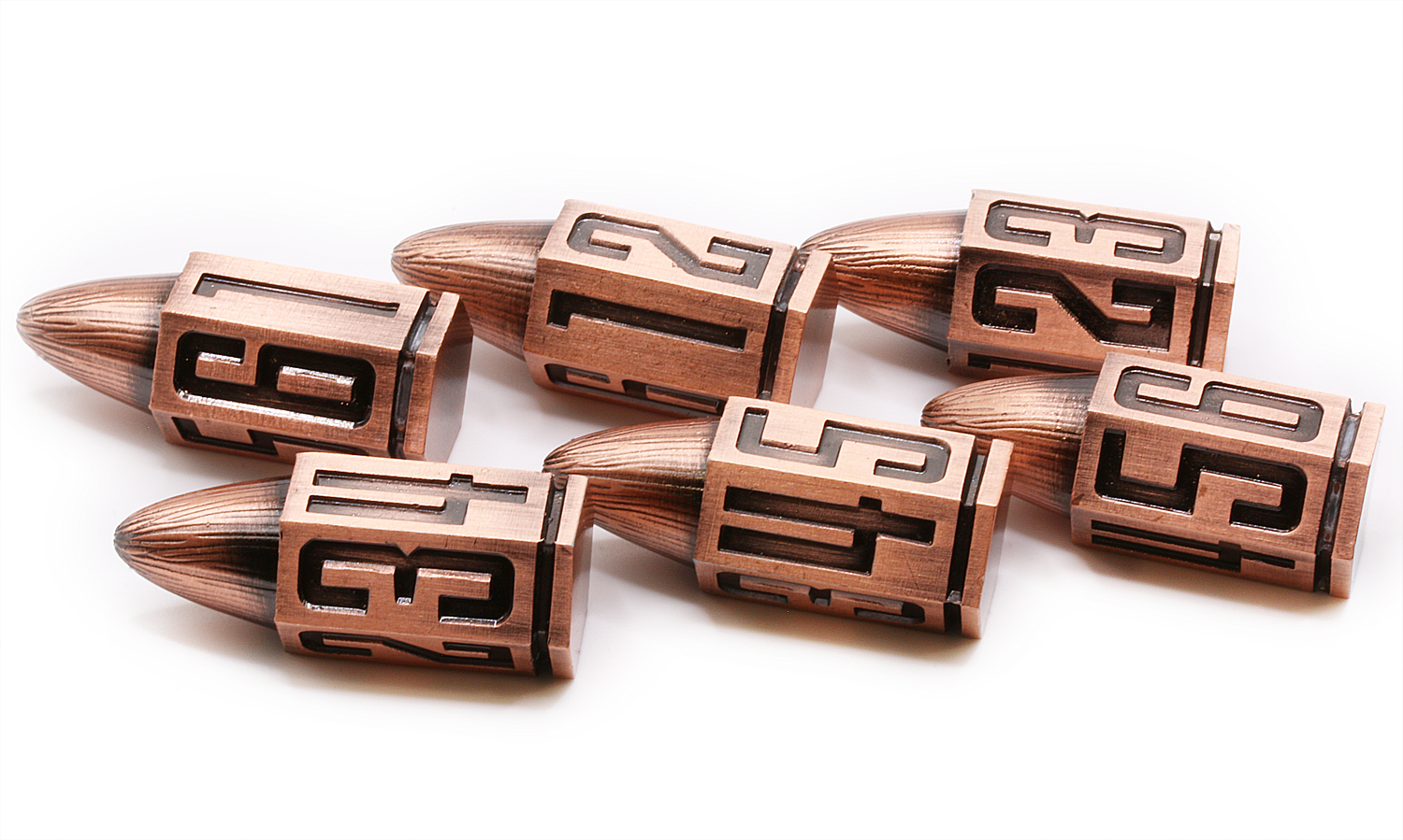 Copper hued d6 dice shaped like bullets for tabletop wargames