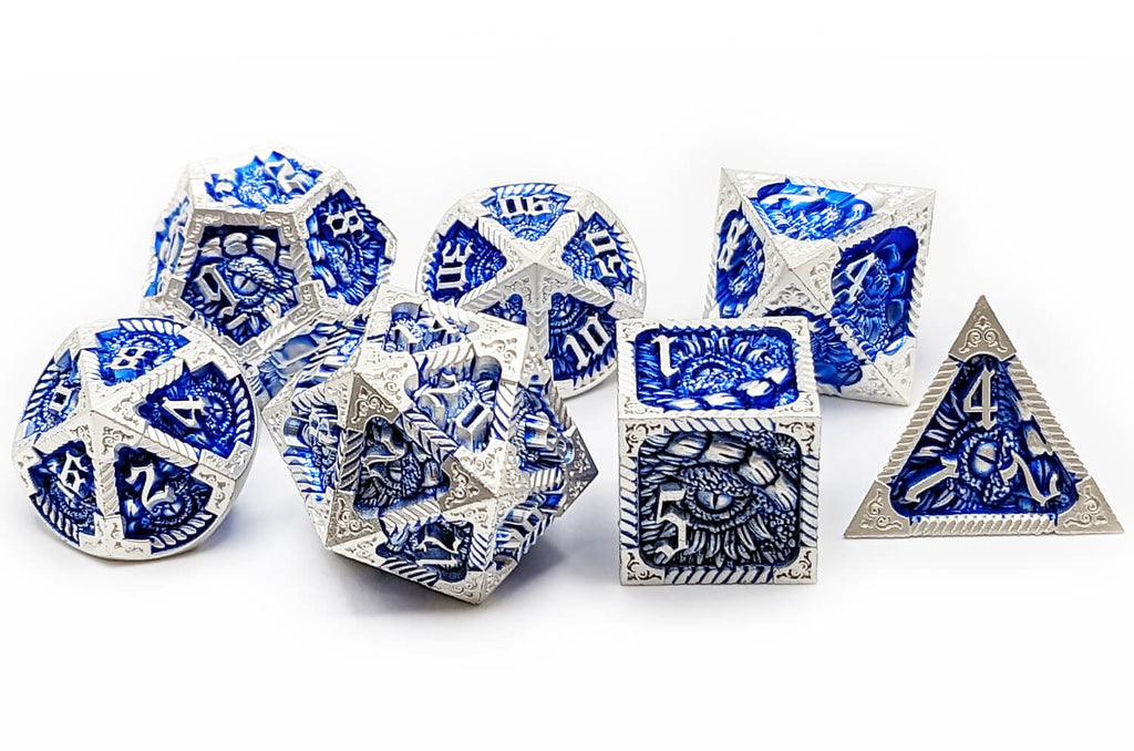 Epic Dragon Dice in silver and blue for dnd and other ttrpg games