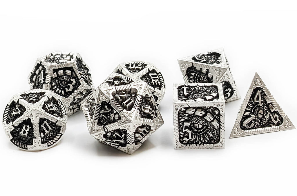Epic Dragon metal dice in silver and black for dnd and ttrpg games