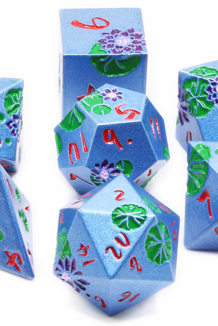 Lotus Garden Flower Dice Blue Metal at Dark Elf Dice