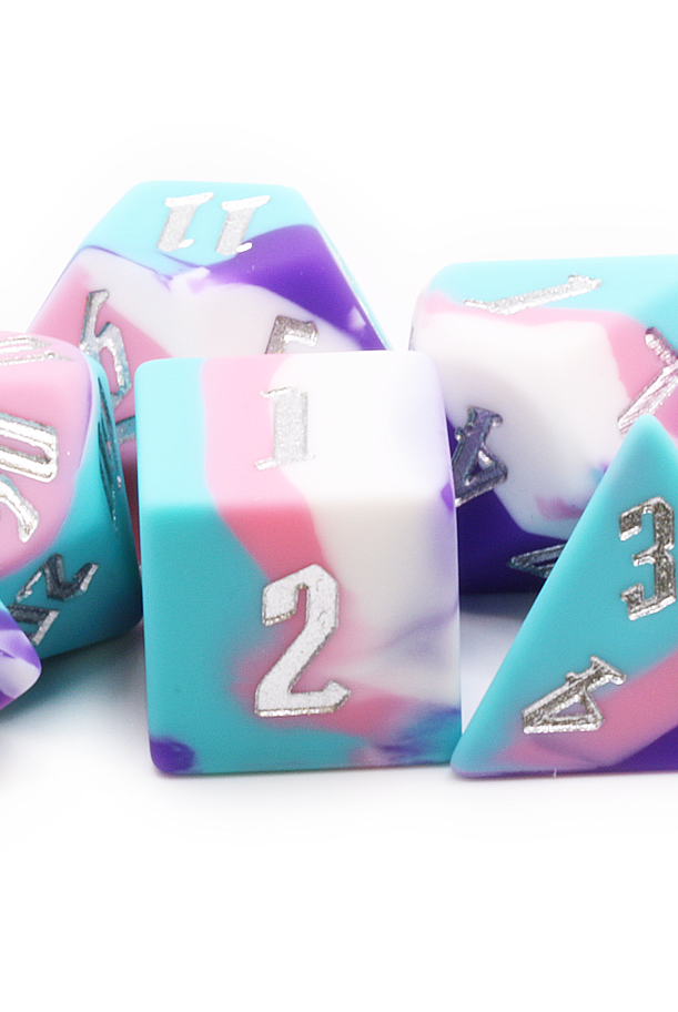 Silicone dice set with pink, white, purple and robins egg blue swirls
