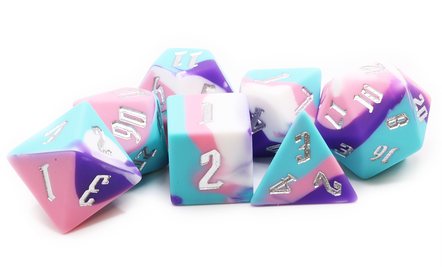 Silicone dice set with pink, white, purple and robins egg blue swirls