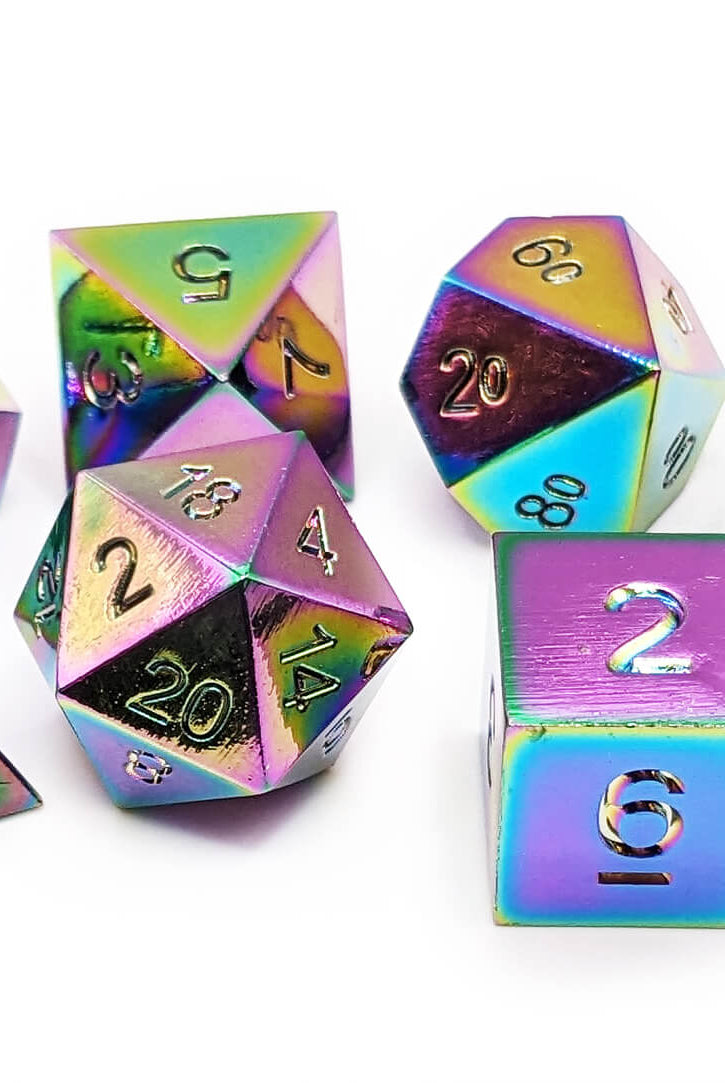 Rainbow Torched Metal Dice Set for DnD and other ttrpg games