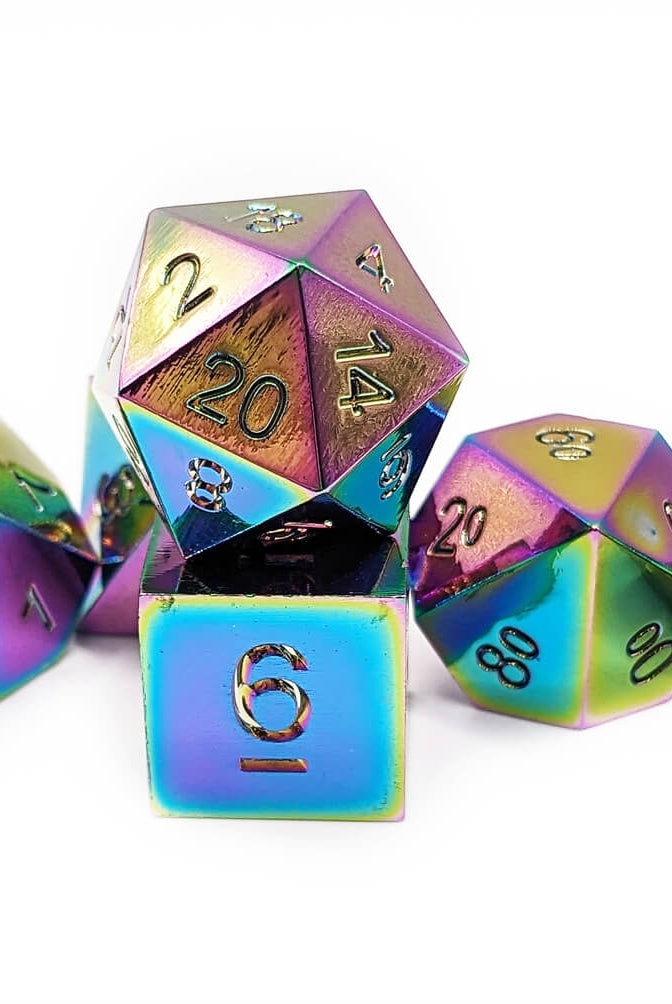 Gorgeous rainbow metal dice at dark elf dice