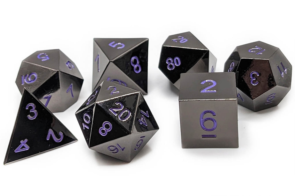 Black metal dice with purple numbers for dnd and tabletop rpg games