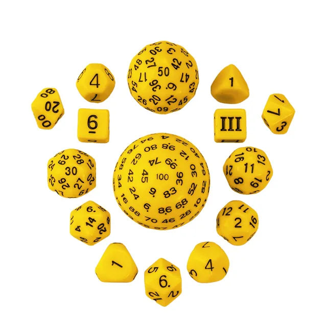Weird dice for tabletop roleplaying games yellow with black numbers