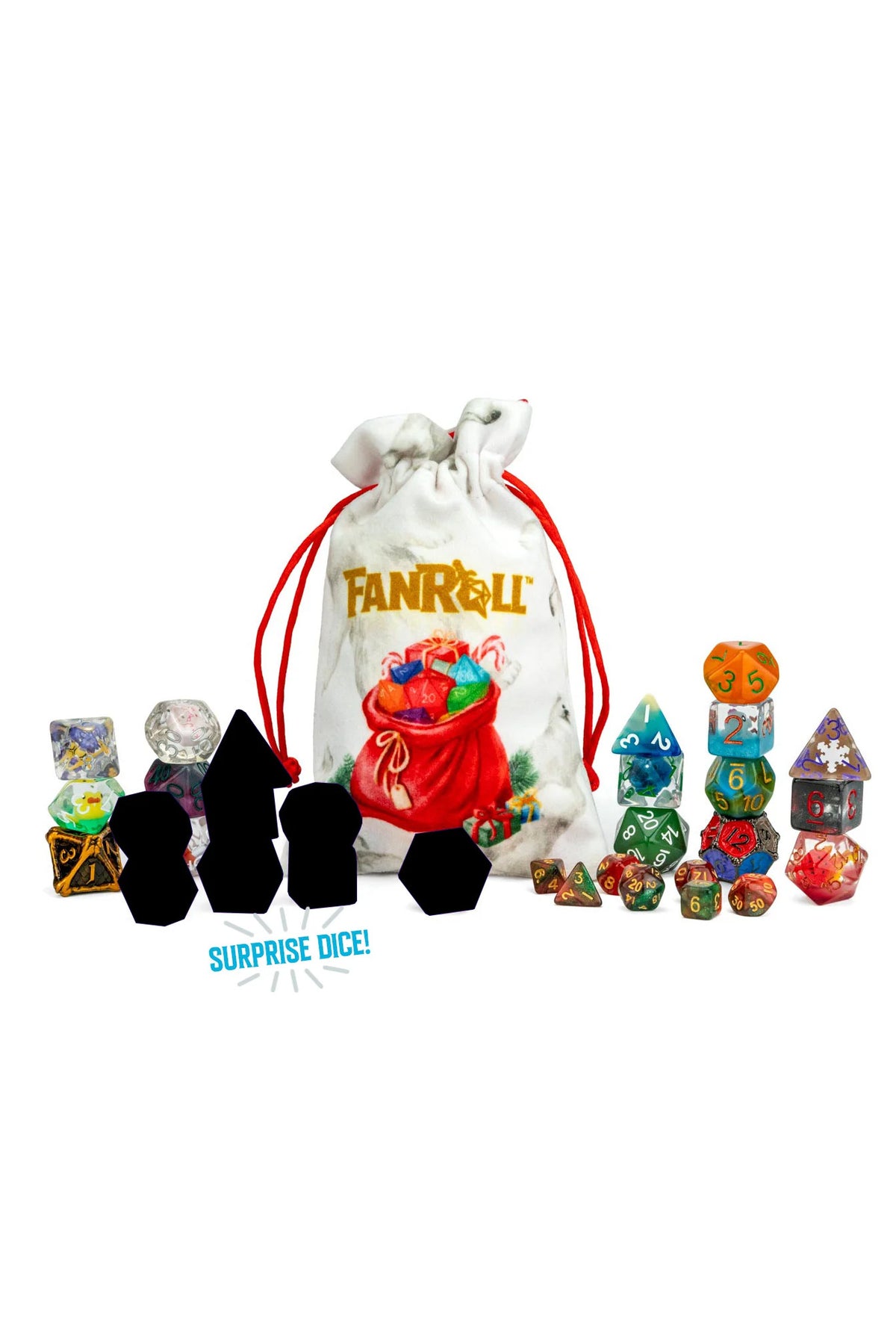 FanRoll 2026 Advent Dice Calendar featuring a Christmas drawstring dice bag, colorful polyhedral dice, and mystery surprise dice
