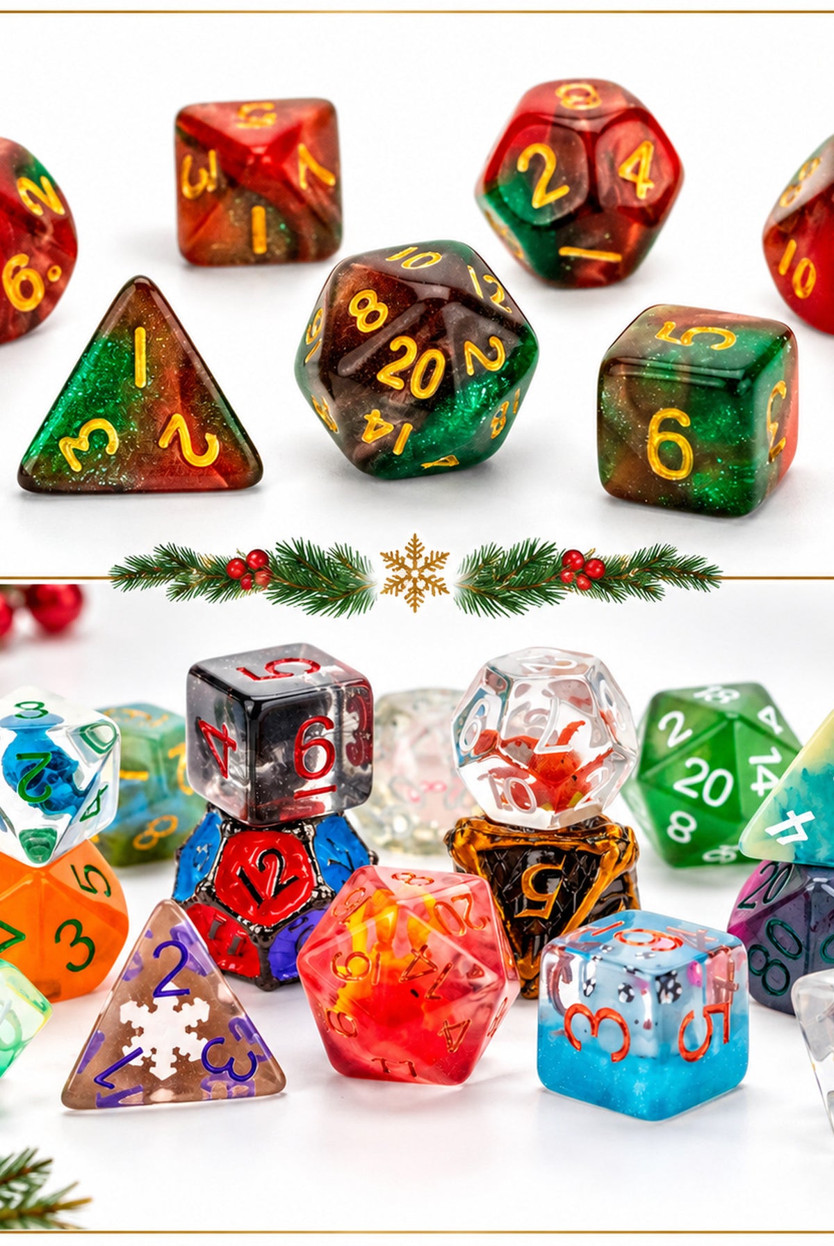 Festive collage of red and green Christmas polyhedral dice and colorful tabletop RPG dice from the FanRoll 2026 Advent Dice Calendar