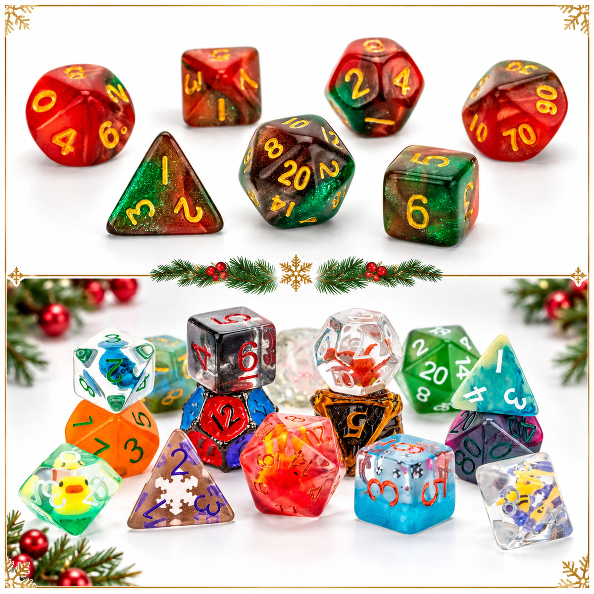 Festive collage of red and green Christmas polyhedral dice and colorful tabletop RPG dice from the FanRoll 2026 Advent Dice Calendar