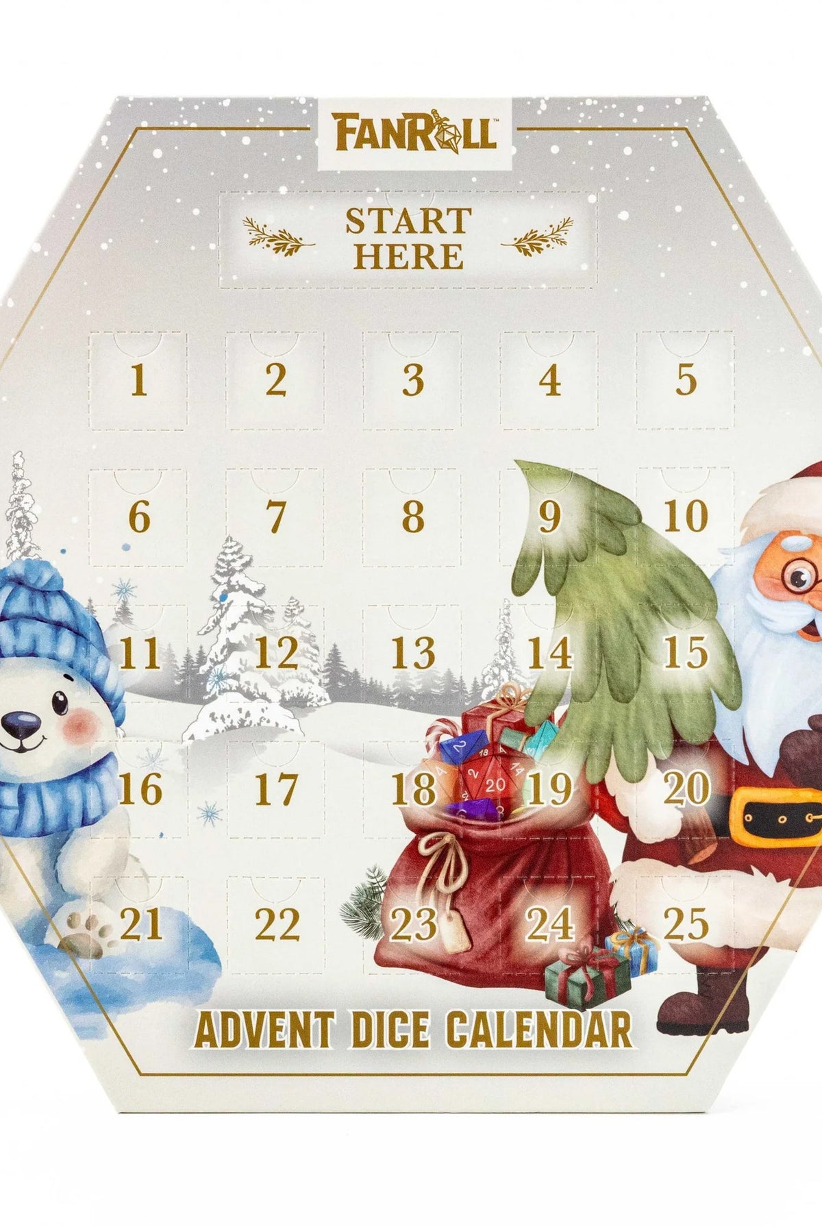 Front view of FanRoll 2026 Advent Dice Calendar featuring Santa Claus, a polar bear, and 25 numbered Christmas countdown doors