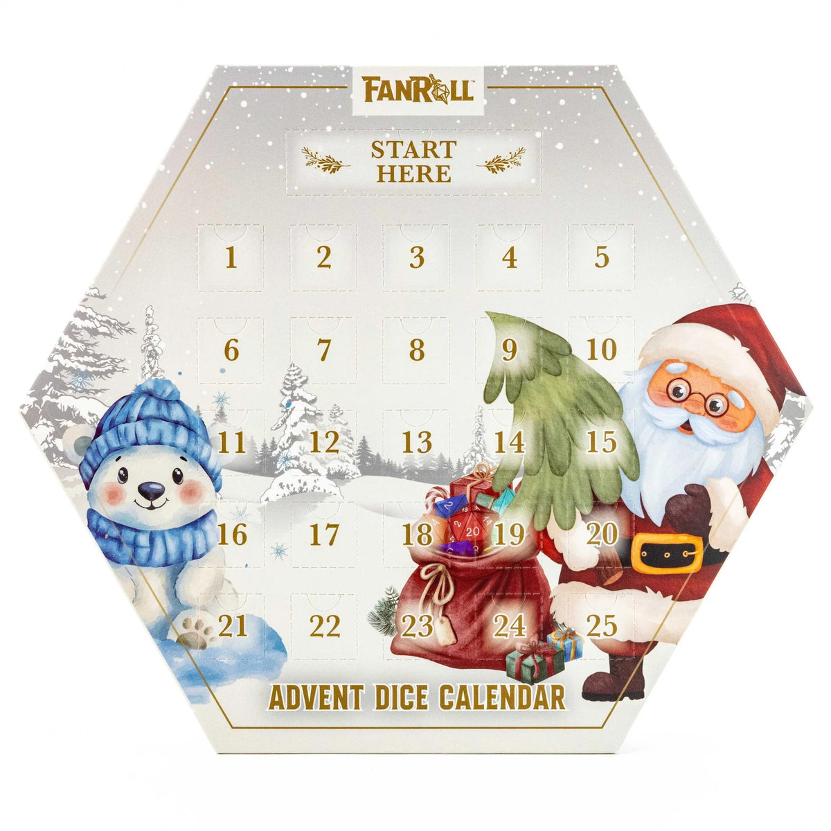 Front view of FanRoll 2026 Advent Dice Calendar featuring Santa Claus, a polar bear, and 25 numbered Christmas countdown doors