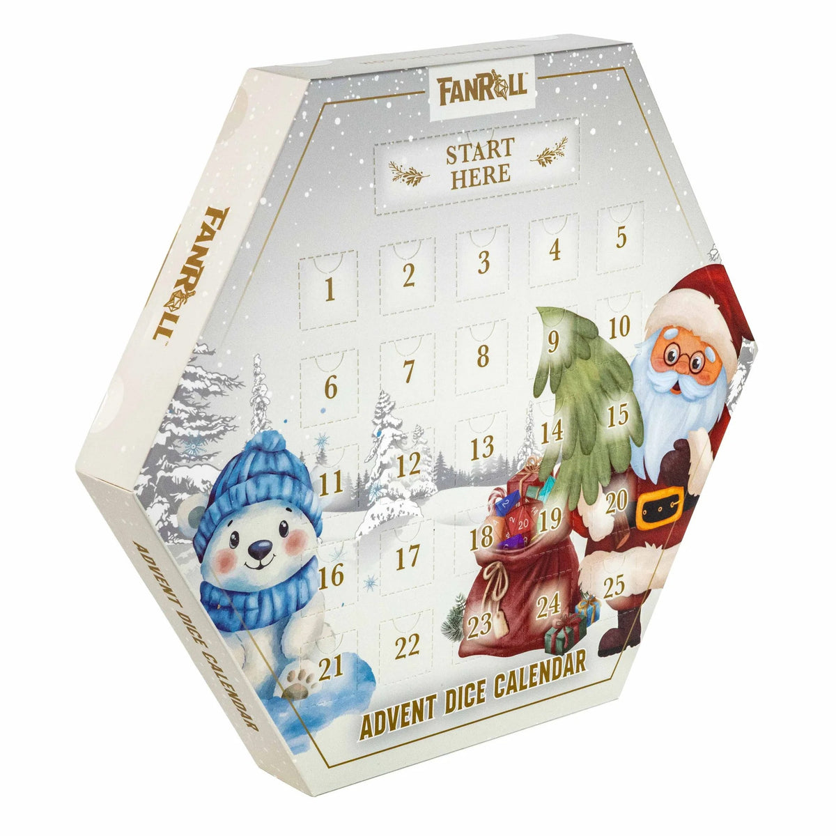 FanRoll 2026 Advent Dice Calendar featuring Santa Claus and a polar bear with 25 numbered Christmas countdown compartments
