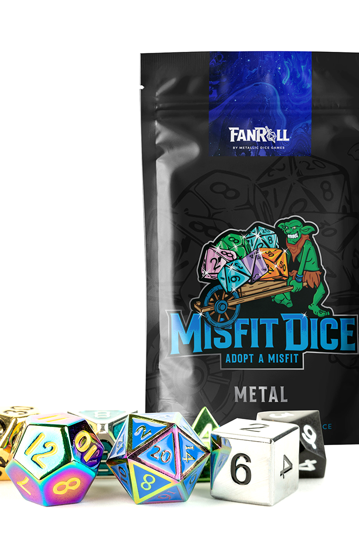Metal mystery dice set for ttrpg games like dnd and pathfinder