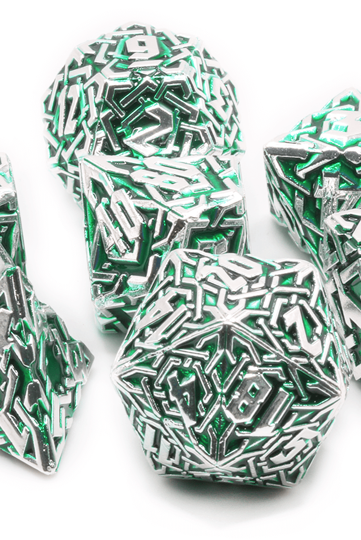 Celtic green and silver metal dice set at Dark Elf Dice