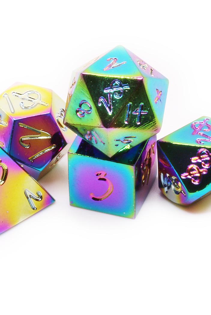 Flame Torched Rainbow Mini Metal Dice at Dark Elf Dice