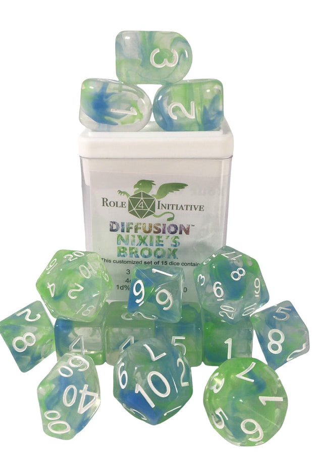 15 piece dice set for ttrpg Diffusion Dice (Nixie's Brook)