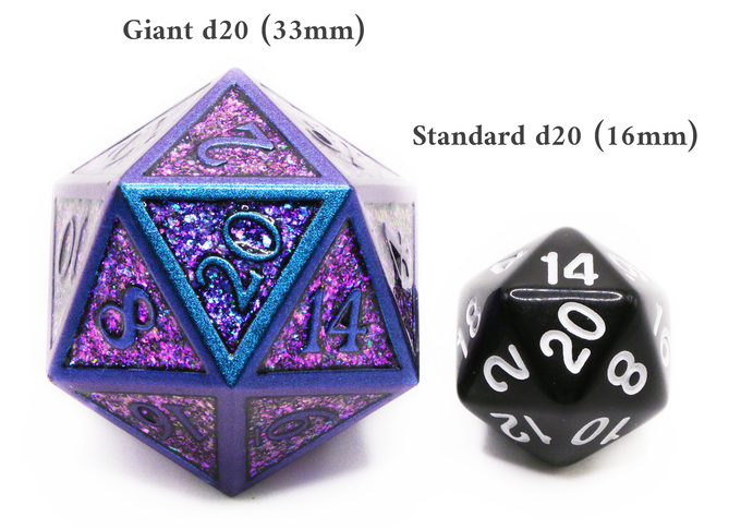 Giant d20 dice size comparison 33mm
