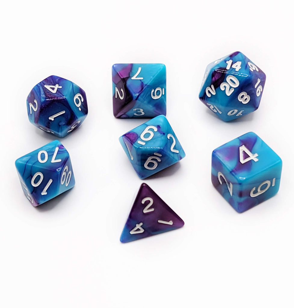 polyhedral dice set in blue and purple color blend