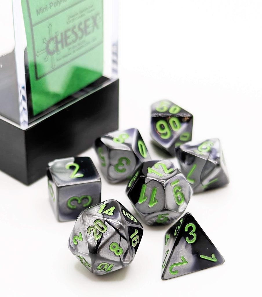 Chessex Black and Grey mini dice with green numbers chx20645