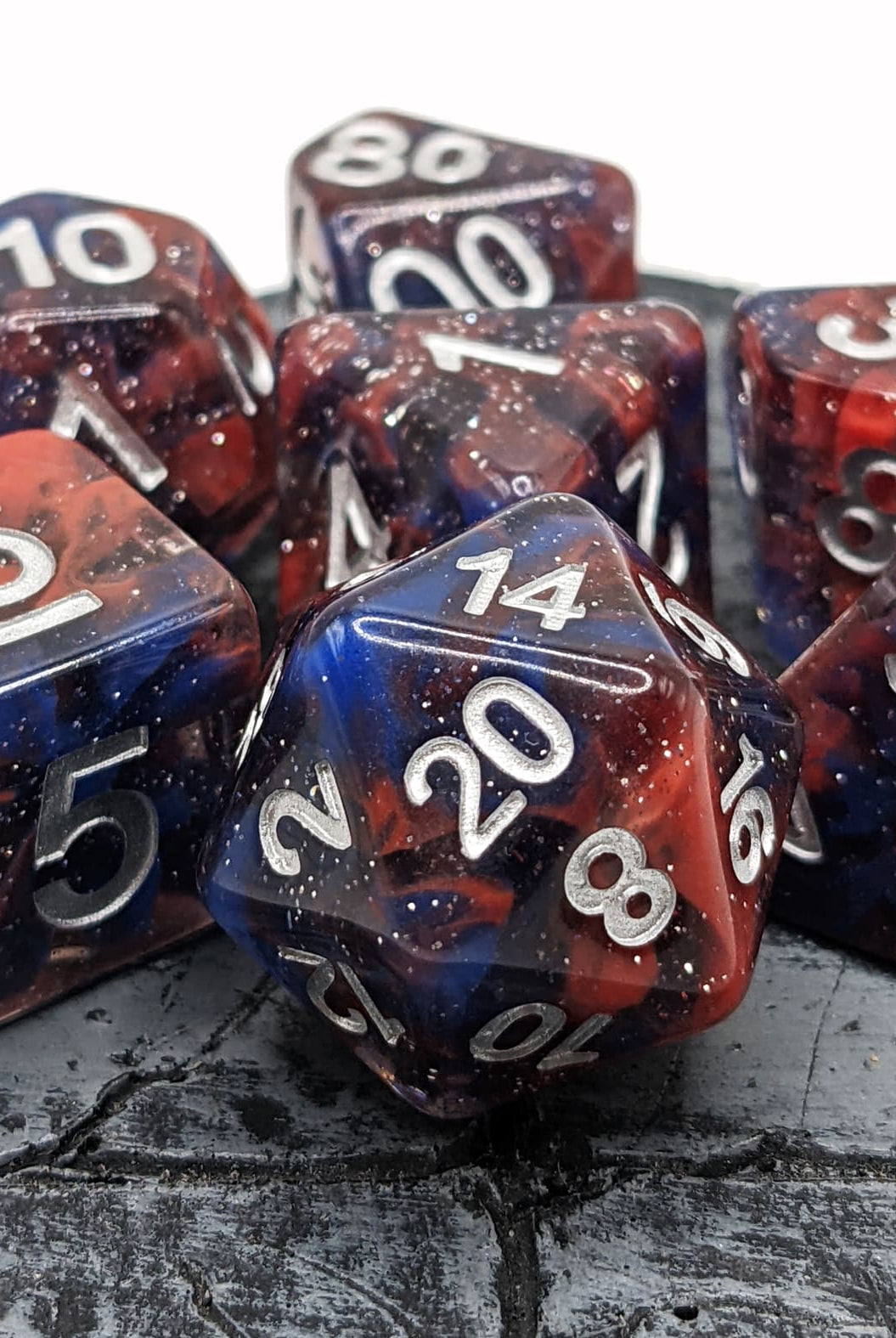 Closeup of Celestial Red and Blue Dice