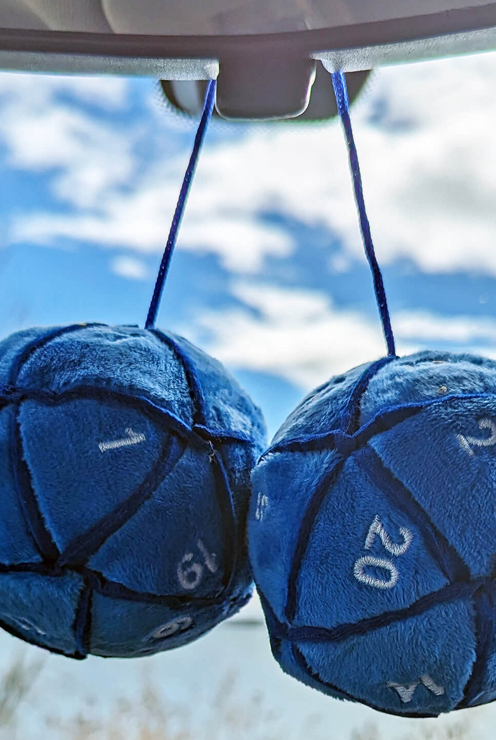 Fuzzy blue d20 dice danglers