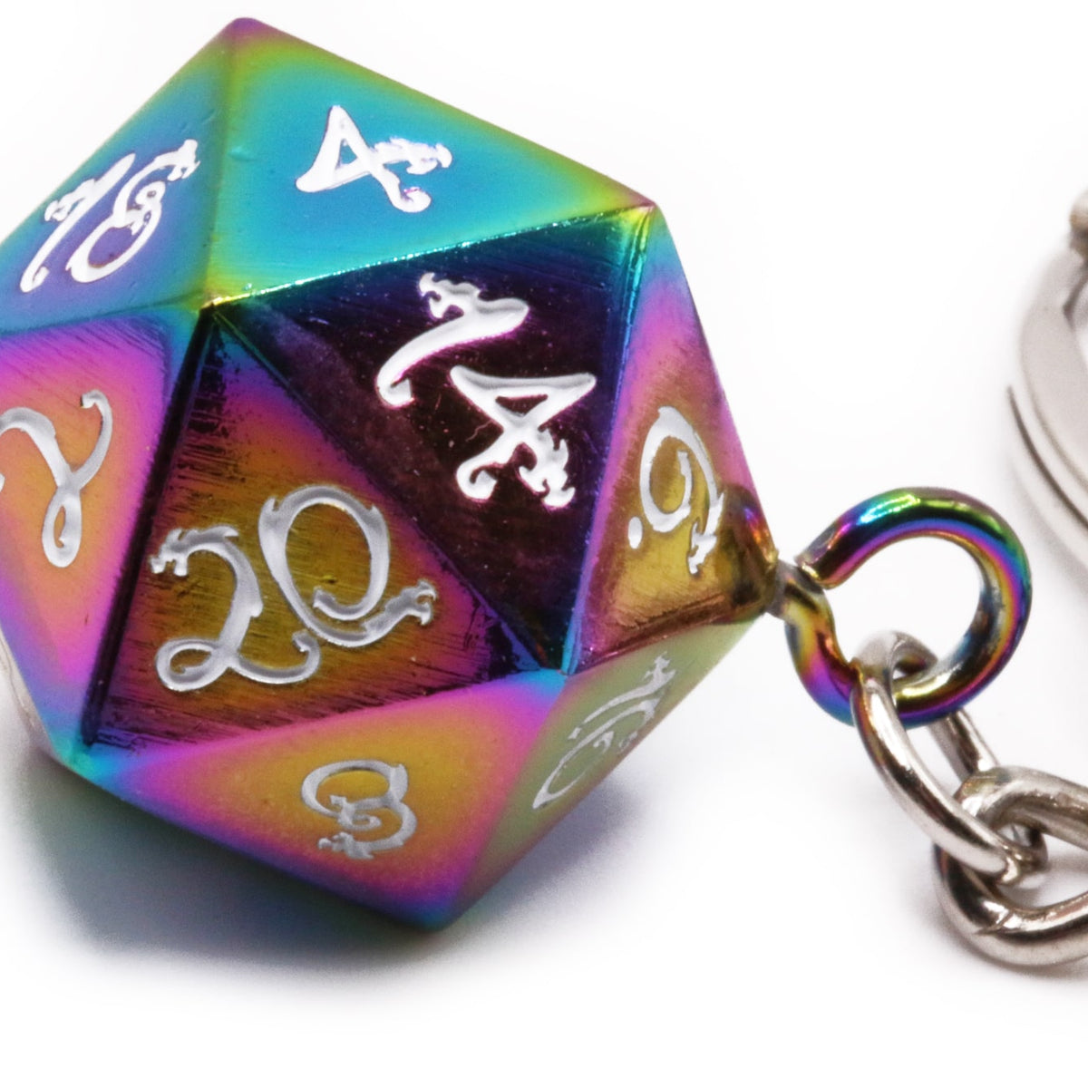 D20 Keychain (Dragon Font Rainbow) Metal Dice TTRPG Jewelry