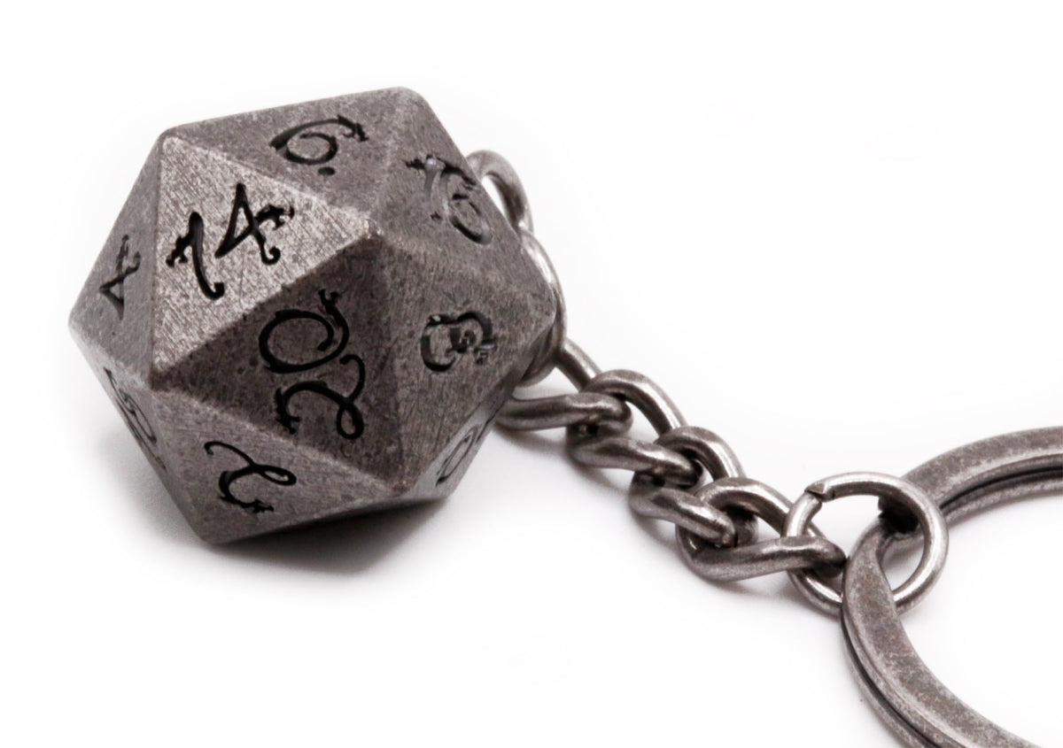 D20 Keychain (Dragon Font Antique Silver) Metal Dice TTRPG Jewelry